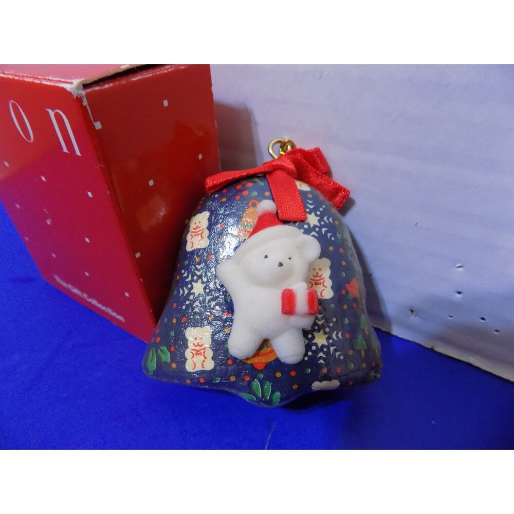 Vintage Avon Gift Collection Ornament Blue Decoupage Teddy Ornament Bell